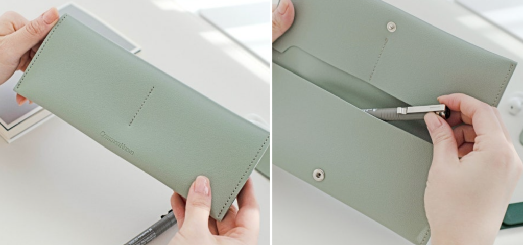 커먼누보 애쉬민트 필통 상세 디테일, 부드러운 가죽 소재의 신학기 필통 선물