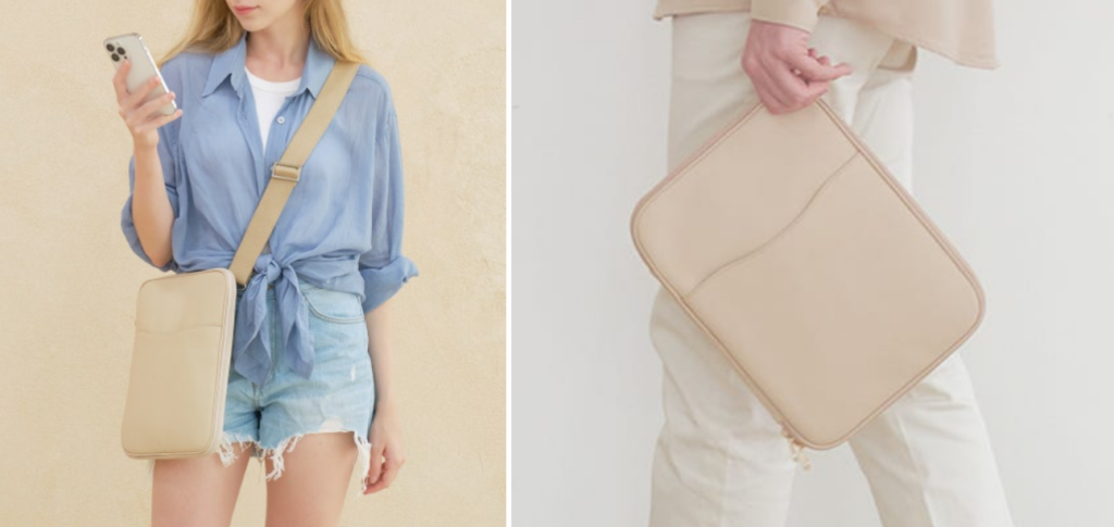 커먼누보 아이패드 가방 밀키베이지 착용샷, 대학생 졸업 선물 추천 가죽 크로스백