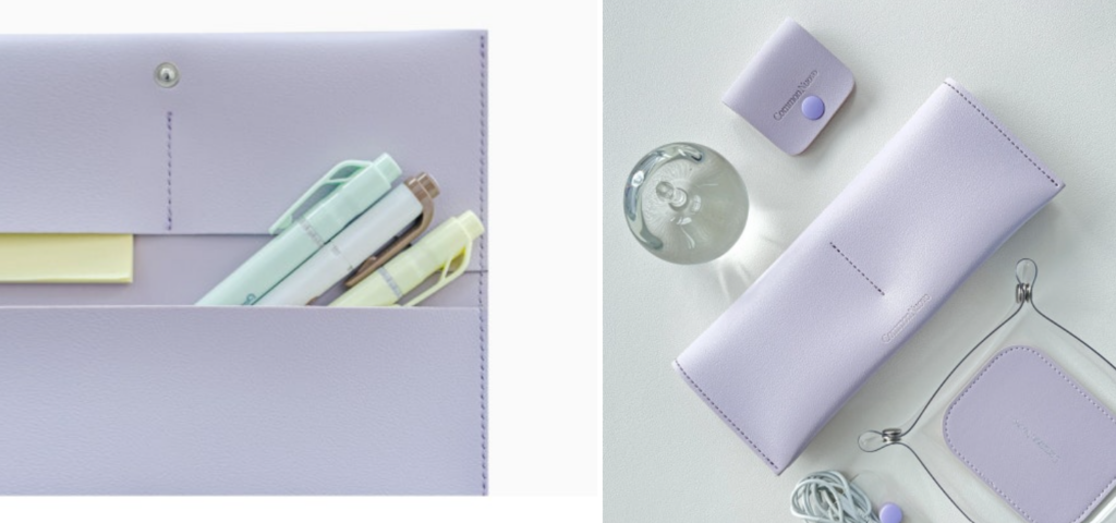 라이트퍼플 컬러 누보 필통 수납 모습, 학생증 및 볼펜 수납이 가능한 슬림 필통 졸업 입학 선물