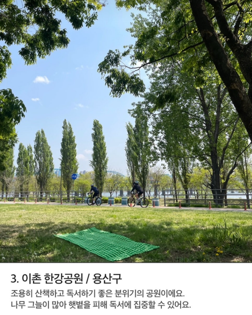 책읽기좋은공원 이촌 한강공원 푸른 나무와 잔디가 있는 한강공원에서 자전거를 타는 사람들이 보인다. 그늘이 많은 산책로 분위기다